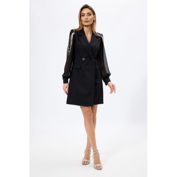 Rochie de ocazie tip sacou cu strass-uri si maneci din voal Elmira Neagra