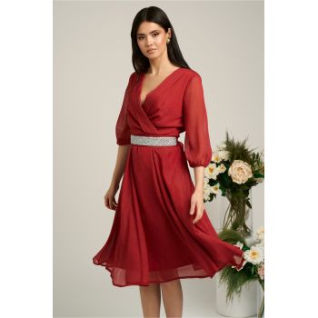 Rochie Dy Fashion bordo din voal cu fir stralucitor si cordon