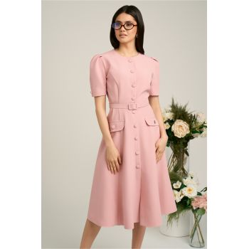 Rochie Dy Fashion roz de zi cu nasturi si curea in talie