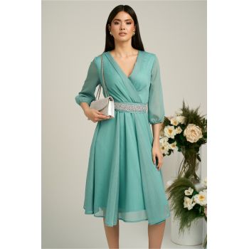 Rochie Dy Fashion verde menta din voal cu fir stralucitor si cordon