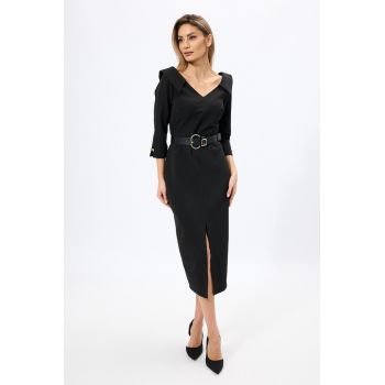 Rochie eleganta cu decolteu in V si crepeu in fata Lisette Neagra