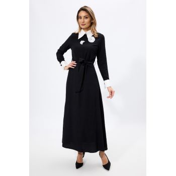 Rochie eleganta cu flori 3D si guler tip camasa Dania Neagra