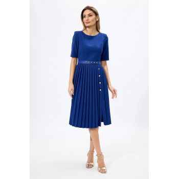 Rochie eleganta cu pliuri si butoni Clotilde Bleumarin