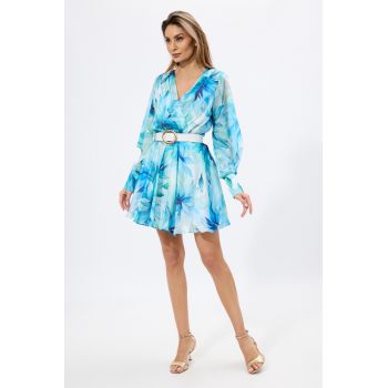 Rochie eleganta in clos din voal cu imprimeu floral Darina Turcoaz