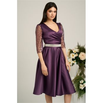 Rochie Ella Collection Adria eleganta din tafta mov cu cordon in talie