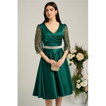 Rochie Ella Collection Adria eleganta din tafta verde cu cordon in talie