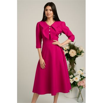 Rochie LaDonna fucsia clos de ocazie cu guler maxi si nasturi perluta