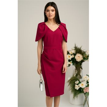 Rochie magenta de ocazie cu maneci lalea si perle pe talie