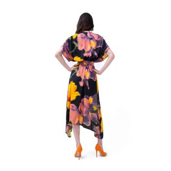 Rochie midi din print cu bust drapat si curea