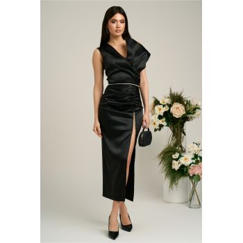 Rochie Moze de seara neagra cu perle in talie pe un umar