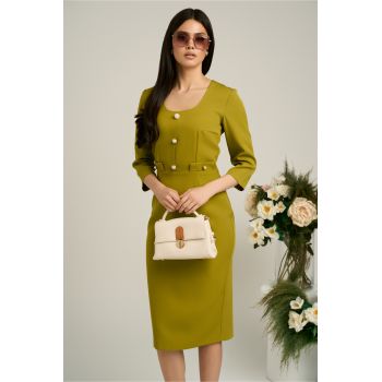 Rochie Moze office verde lime cu nasturi perlati pe bust