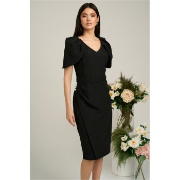Rochie neagra de ocazie cu maneci lalea si perle pe talie