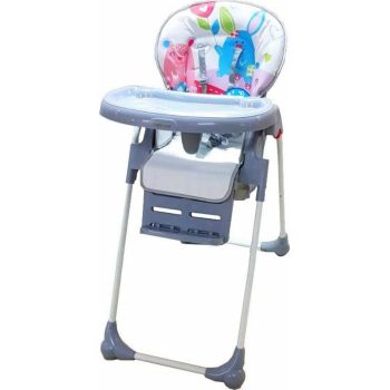 Scaun de masa pentru copii Baby Care CC Happy Friends Gri reglabil in 3 trepte, pliabil, centura de siguranta, sezut confortabil, masuta detasabila, pozitie somn, cosulet de depozitare
