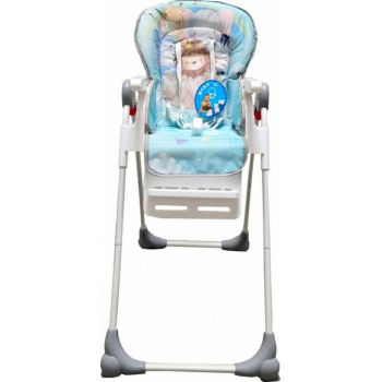 Scaun de masa pentru copii si bebe Baby Care CC Animalute Albastru reglabil in 3 trepte, Pliabil, Centura de siguranta, Sezut confortabil, Masuta detasabila, Pozitie somn, Cosulet de depozitare