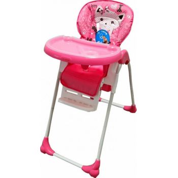 Scaun de masa pentru copii si bebe Baby Care CC Pisicuta Roz reglabil in 3 trepte, Pliabil, Centura de siguranta, Sezut confortabil, Masuta detasabila, Pozitie somn, Cosulet de depozitare
