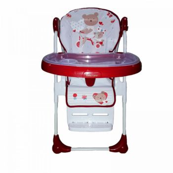 Scaun de masa pentru copii si bebe Baby Care CC Ursulet Rosu cu Alb reglabil in 3 trepte, Pliabil, Centura de siguranta, Sezut confortabil, Masuta detasabila, Pozitie somn, Cosulet de depozitare