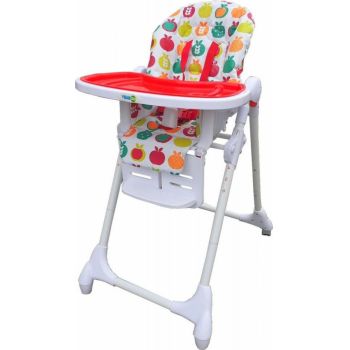 Scaun de masa pentru copii si bebe Novokids Go Baby Fructe Rosu Alb reglabil in 6 trepte de inaltime, Pliabil, Centura de siguranta, Sezut confortabil, Masuta detasabila, Pozitie somn, Roti cu frana