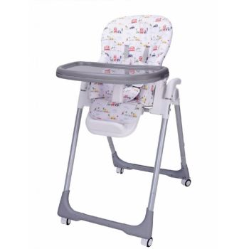 Scaun de masa pentru copii si bebe Novokids Go Baby Masinute Gri reglabil in 6 trepte de inaltime, Pliabil, Centura de siguranta, Sezut confortabil, Masuta detasabila, Pozitie somn, Roti cu frana