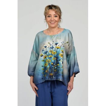 Bluza amestec matase cu vascoza, imprimeu pictural cu flori galbene delicate
