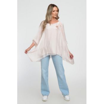 Bluza din matase naturala in colturi cu broderie cu paiete aurii mate, roz
