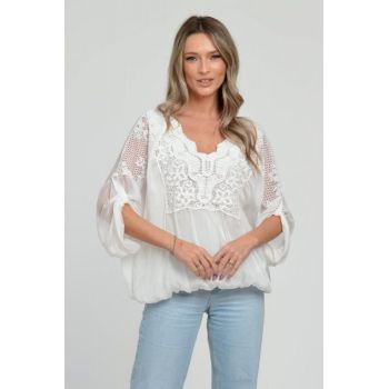 Bluza din matase naturala platca brodata, cu dantela pe maneci si pe spate, alba