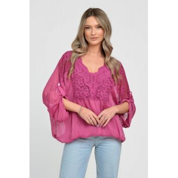 Bluza din matase naturala platca brodata, cu dantela pe maneci si pe spate, magenta