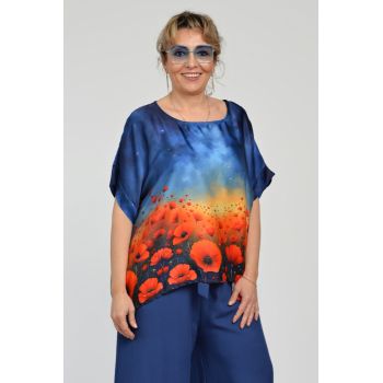 Bluza maneca scurta din matase si vascoza, imprimeu pictural cu maci