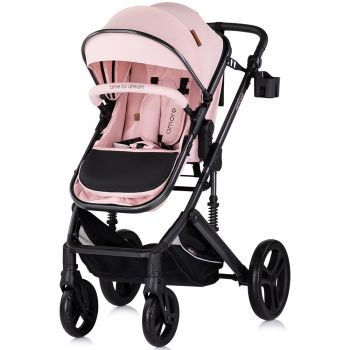 Carucior pentru copii Chipolino Amore Marshmallow 2 in 1 cu sezut reversibil, maner reglabil, suspensii, husa de picioare, gentuta, suport pahar, greutate admisa 22 kg