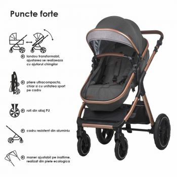 Carucior transformabil 3in1 Coccolle Melora,Cadru aluminiu,Roti mari,reversibil,Maner ajustabil,Cos auto iSize,Geanta,Suport pahar,Husa picioruse,Husa ploaie,Plasa insecte Diamond Black+CADOU Pompa de san electrica