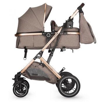 Carucior transformabil ultracompact 3in1 Coccolle Ravello,scoica i-Size,reversibil,Cadru aluminiu anodizat,Copertina protectie UV,Roti PU,Geanta,Husa ploaie,Plasa insecte,Suport biberon,Sand Beige+CADOU Pompa de san electrica