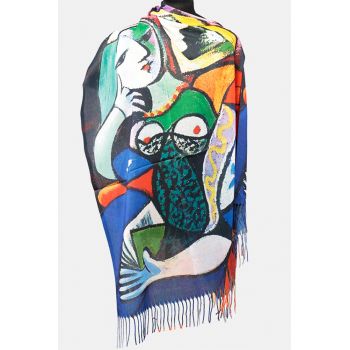 Esarfa cashmere cu fir de lurex, doua fete imprimata cu reproducere dupa    Femeie cu carte   lui Picasso