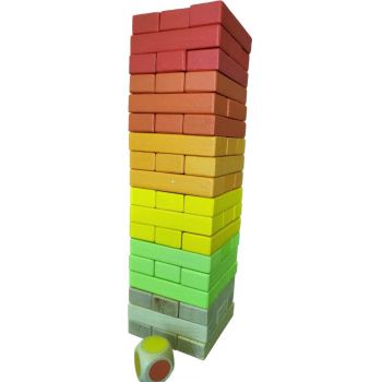 Joc Jenga colorat din lemn cu zaruri - joc de echilibru
