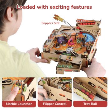 Mașină de pinball – Construieste tu singur! Constructor din lemn asamblabil. Kit STEM/DYI pentru copii.