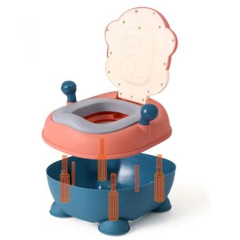 Olita pentru copii Little Mom Monkey Pink, cu adaptor moale din spuma PU, manere laterale, capac rabatabil in 4 trepte cu functie de spatar ergonomic, cu vas colector detasabil, dimensiune 33 x 35 x 47.5 cm