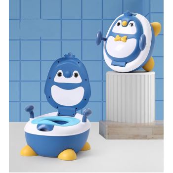 Olita pentru copii Little Mom Blue Penguin, cu picioruse antiderapante ajustabile in inaltime, capac rabatabil cu functie de spatar ergonomic, cu manere de sustinere si vas colector detasabil, dimensiune 34 x 38 x 49 cm