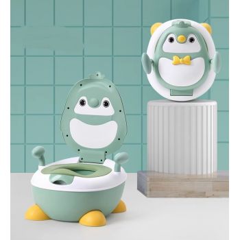 Olita pentru copii Little Mom Green Penguin, cu picioruse antiderapante ajustabile in inaltime, capac rabatabil cu functie de spatar ergonomic, cu manere de sustinere si vas colector detasabil, dimensiune 34 x 38 x 49 cm