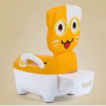 Olita pentru copii Little Mom Smiling Cat Yellow, cu colac din PVC, cu compartiment de colectare detasabil, manere de sustinere, spatar ergonomic, protectie antistropire, margini rotunjite, 50 x 38 x 31 cm