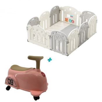 Pachet Kinderplay Joaca in Siguranta ,   Loc de joaca, accesorii incluse + Premergator tip masinuta ergonomic pentru fete 1-3 ani