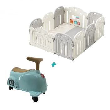 Pachet Kinderplay Joaca in Siguranta ,   Loc de joaca cu usa de siguranta + Premergator tip masinuta ergonomic pentru baieti 1-3 ani