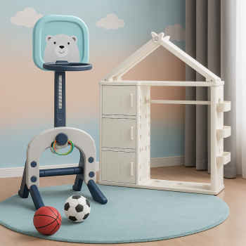 Pachet Kinderplay Joaca si Organizare ,   Dulapior pentru copii + Centru de activitati 3 in 1 cu cos de baschet, poarta de fotbal si mingi incluse