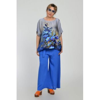 Pantaloni largi din vascoza si in, albastru electric