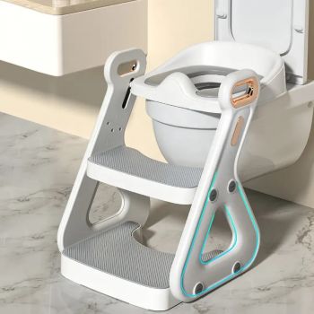 Reductor Wc copii pliabil Little Mom White, multifunctional, in structura triunghiulara, cu colac moale PU, inaltime ajustabila, prevazut cu manere, protectie antistropire, antiaderent, potrivit si toaletelor patrate