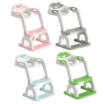 Reductor WC copii cu scarita 2 in 1 Little Mom Green Teddy, pliabil cu colac moale detasabil, suport lat pentru picioare, manere ergonomice si protectie antistropire, inaltime reglabila, compatibilitate universala