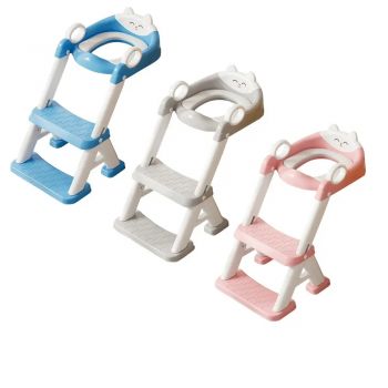 Reductor toaleta pentru copii Little Mom Kitty Blue, cu doua scari, colac moale detasabil, pliabil, design anti-stropire, baza antiderapanta, inaltime reglabila, spatar si manere, compatibilitate universala