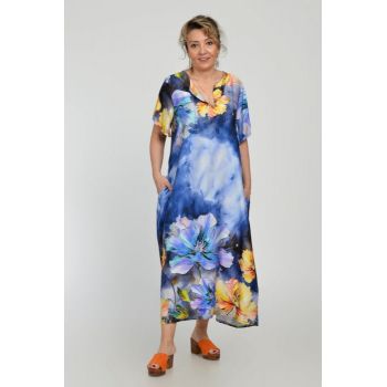 Rochie lunga A-line din vascoza cu matase, cu imprimeu floral pictural pe fond albastru mov