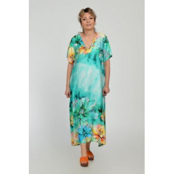 Rochie lunga A-line din vascoza cu matase, cu imprimeu floral pictural pe fond turcoaz
