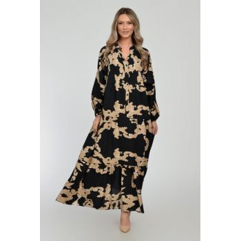 Rochie lunga, neagra, A-line cu imprimeu abstract bej, din vascoza