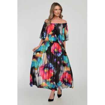 Rochie lunga plisata A-line din satin cu imprimeu flori picturale pe fond negru