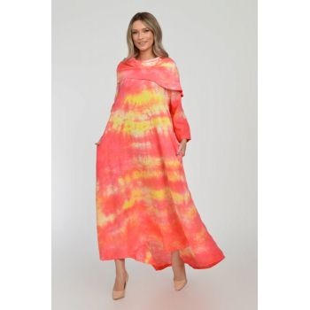 Rochie maxi,  A-line, din in, cu guler amplu, cu imprimeu boem tie-dye corai