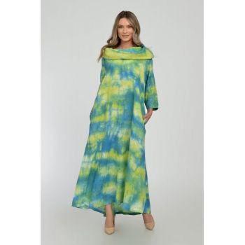 Rochie maxi,  A-line, din in, cu guler amplu, cu imprimeu boem tie-dye galben-turcoaz